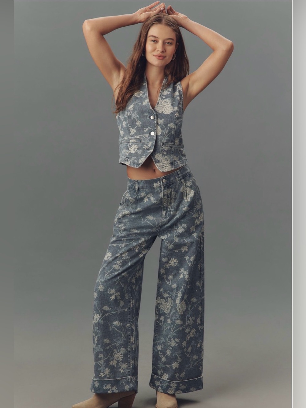 PILCRO The Leon Double Hem High-Rise Wide-Leg Cuffed Jeans Floral 30 - Picture 2 of 15